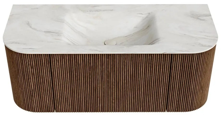 Mondiaz Kurve-dlux 110cm badmeubel ronding links/rechts walnut met 1 lade en 2 deuren en wastafel cloud midden zonder kraangat ostra