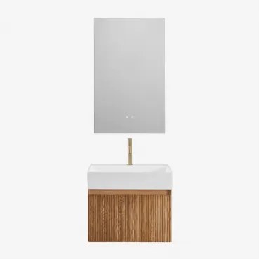 Conjunto Vaniteitmeubel Zwevend Van Hout Met Geïntegreerde Wastafel Aldeia Ash Brown & Geborsteld Goud ↑20 Cm Met Aftapkraan Zonder Overloop Orveta &