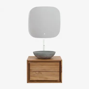 Jabari Zwevend Badkamermeubelset Van Teakhout Teakhout & Rond Grijs Cement Ø40 Cm Tarsis & Vierkant Led En Anticondens 75x75 Cm Riben & - Sklum