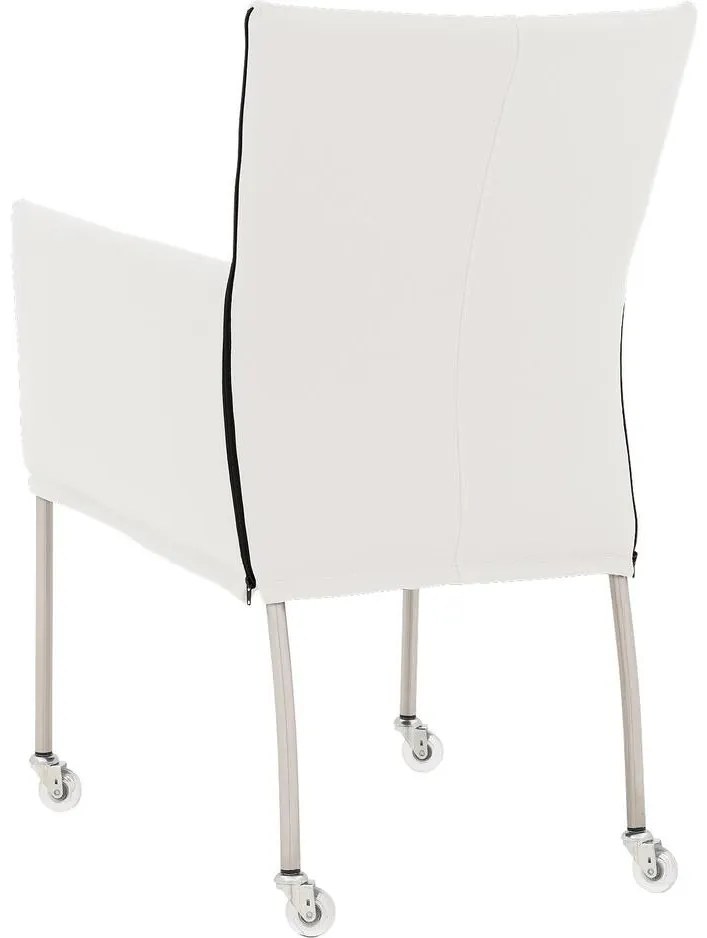 Goossens Eetkamerstoel Funk RVS Poten wit leer met armleuning en Transparant skater wiel met rvs kapmet wielen, modern design