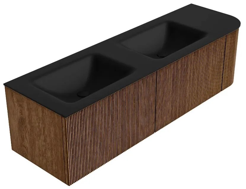 Mondiaz Kurve 155cm badmeubel ronding rechts walnut met 2 lades en 1 deur en wastafel cloud dubbel/links 2 kraangaten urban