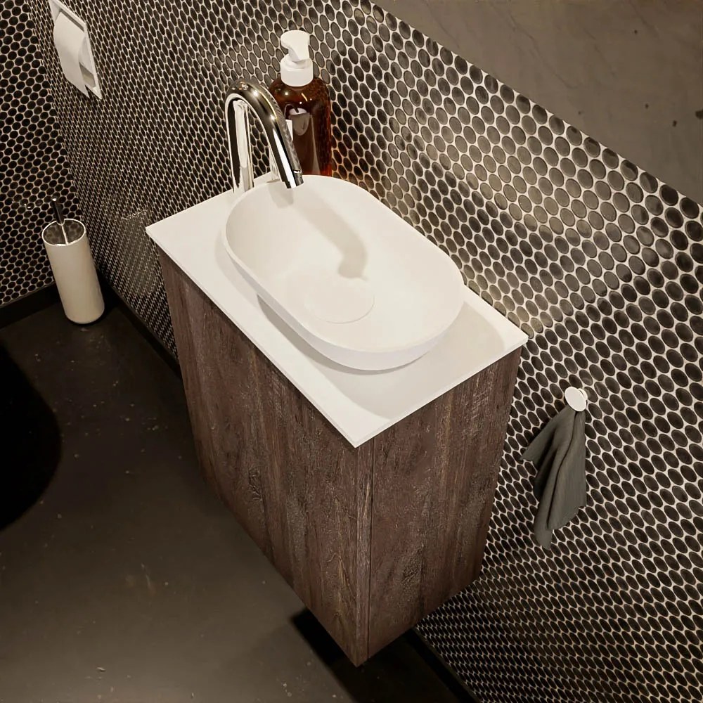 Mondiaz Fowy toiletmeubel 40cm dark brown met witte waskom rechts en kraangat