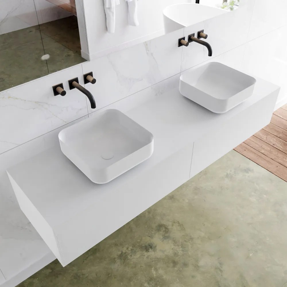 Zaro Lagom volledig naadloos solid surface onderkast met topblad 170cm mat wit met 2 lades Push tot open. Compleet met solid surface opzetkom met 0 kraangat(en)