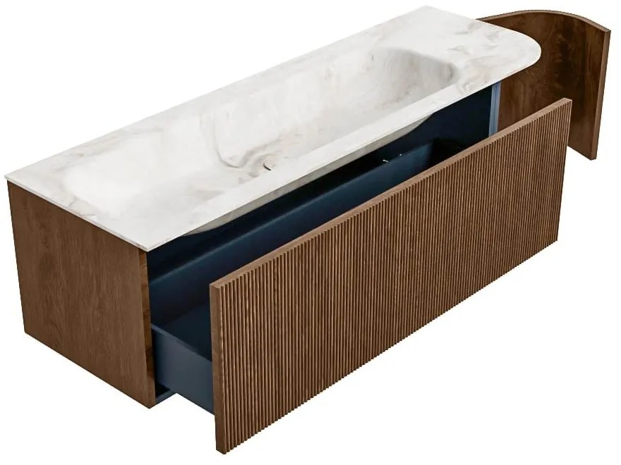 Mondiaz Kurve-dlux 145cm badmeubel ronding rechts walnut met 1 lade en deur en wastafel big large links 2 kraangaten frappe