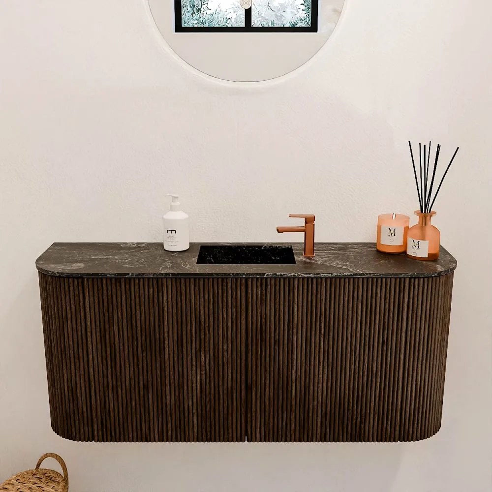 Mondiaz Joya DLux 95cm toiletmeubel ronding links/rechts walnut met wastafel faye midden 1 kraangat lava