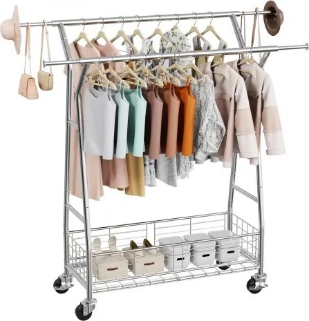 VEVOR Kledingrek op wielen met 2 kledingstangen en opbergmand, draagvermogen tot 150 kg, uitschuifbaar kledingrek van koolstofstaal voor slaapkamer, wasruimte, woonkamer