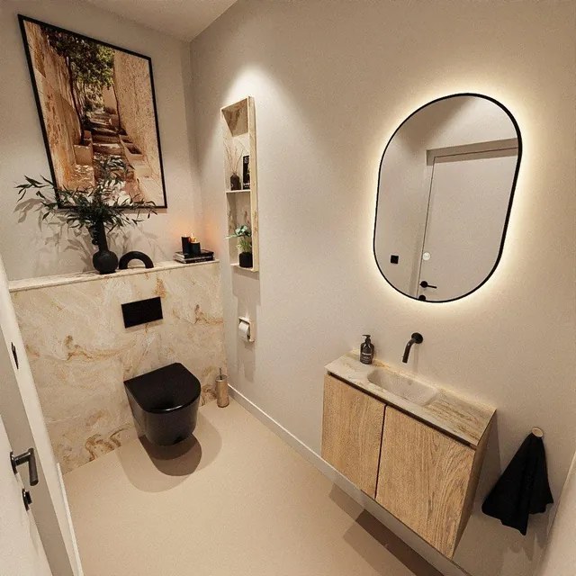 MONDIAZ TURE-DLUX 60cm toiletmeubel Washed Oak. EDEN wastafel Frappe positie midden. Zonder kraangat. TUREDX60WASM0FRA