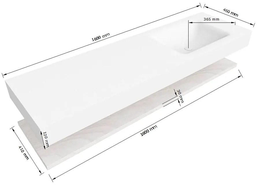 Zaro Alan badmeubel 160cm met planchet washed oak en vrijhangende wastafel cloud rechts 1 kraangat talc