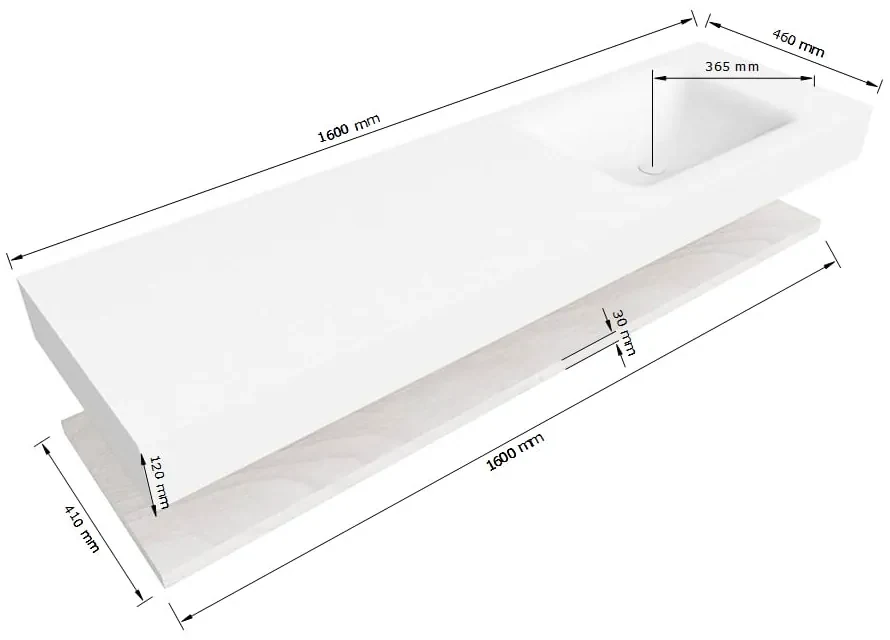 Zaro Alan badmeubel 160cm met planchet washed oak en vrijhangende wastafel cloud rechts zonder kraangat urban