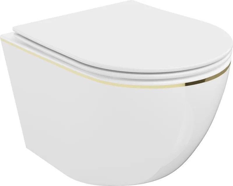 Mexen Lena wc-pot Rimless met zacht sluitende slim zitting, duroplast, wit/gouden lijn - 30224005