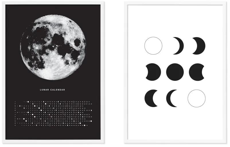 Moon Phase Diary set van 2 ingelijste prints, A2, zwart & wit