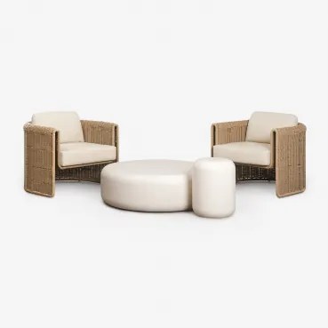 Tuinset Met 2 Stoelen Van Staal En Synthetisch Riet Lina En 2 Salontafels Van Cement Fonelas Stof Gardenia Wit - Sklum