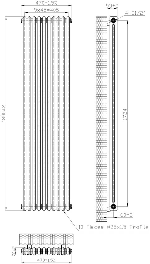 Eastbrook Imperia 2 koloms radiator 45x180cm 1487W metaal