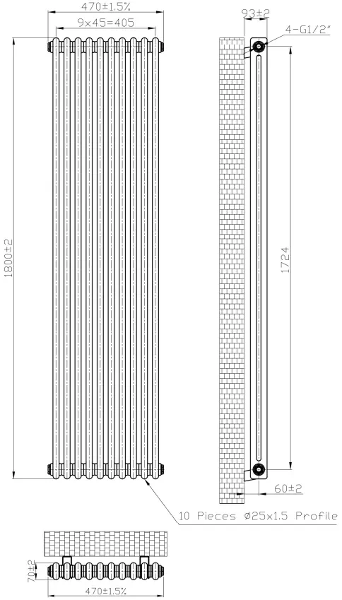 Eastbrook Imperia 2 koloms radiator 45x180cm 1487W wit glans