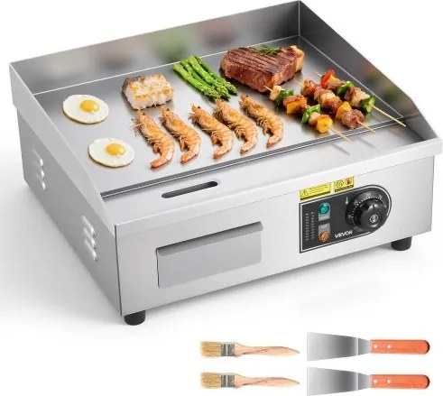 VEVOR Commerciële elektrische bakplaat 45 x 30 cm, elektrische grillplaat 2800 W, tafelmodel grillplaat 50–300 °C met 2 spatels, 2 borstels en 4 voetjes, bakplaat voor steaks en pannenkoeken