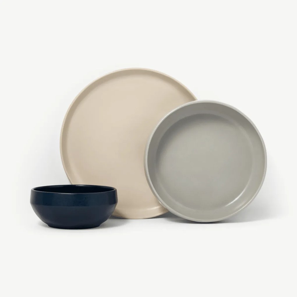 Caelyn 12-delig serviesset van keramiek met reactief glazuur, ivoor, grijs en donker marineblauw