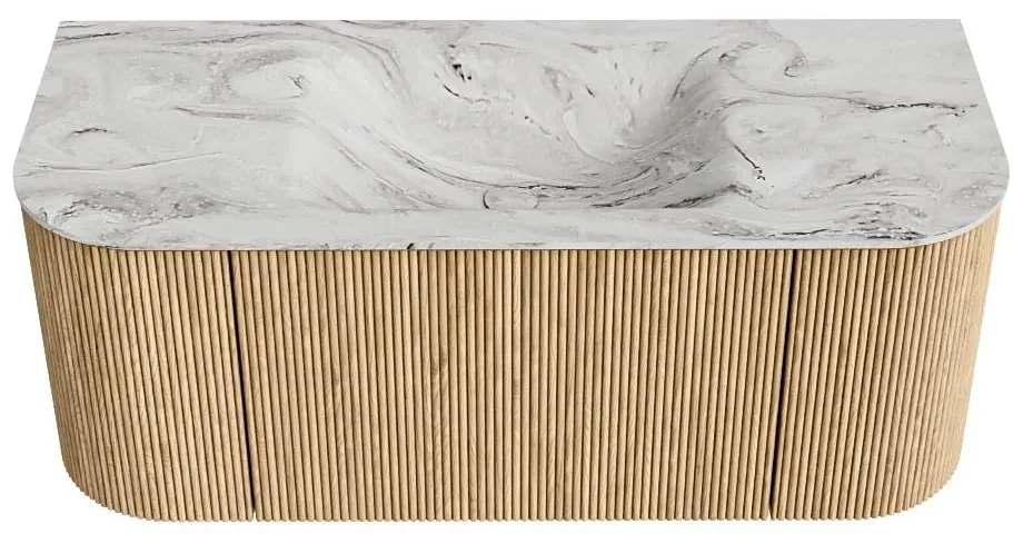 Mondiaz Kurve-dlux 110cm badmeubel ronding links/rechts oak met 1 lade en 2 deuren en wastafel cloud midden zonder kraangat glace