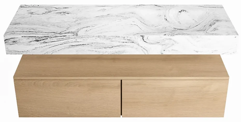 Mondiaz Alan DLux badmeubel 130cm washed oak 2 lades met wastafel glace rechts zonder kraangat