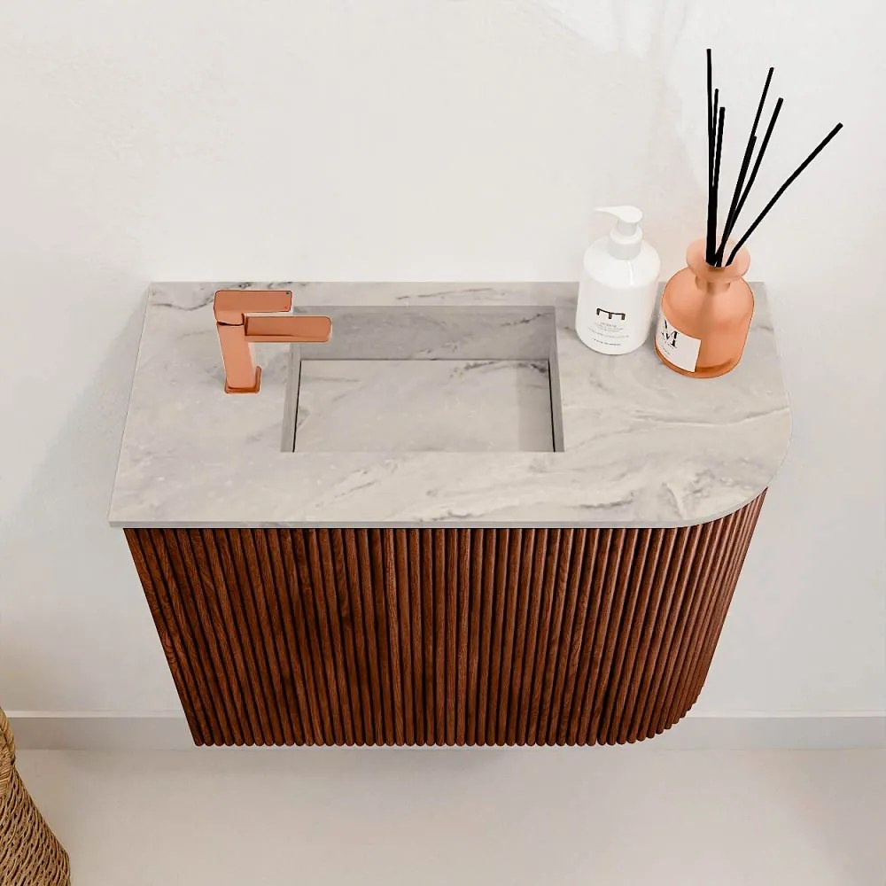 Mondiaz Joya DLux 50cm toiletmeubel ronding rechts ruby met wastafel faye links 1 kraangat glace