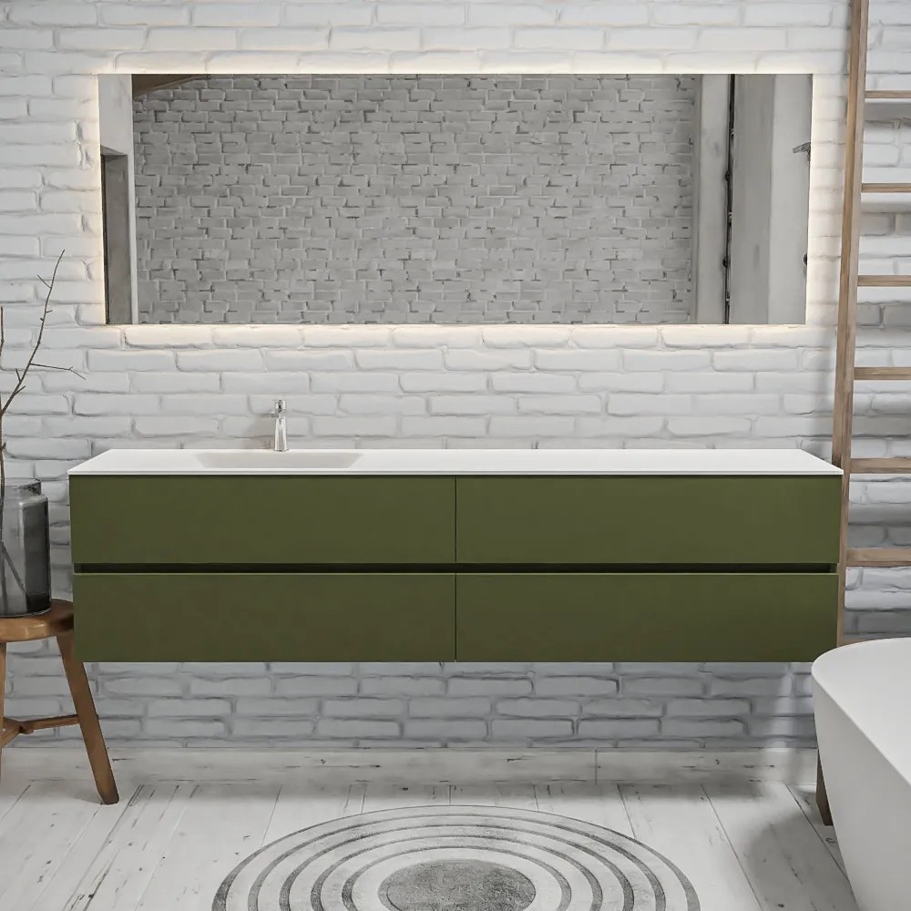 Zaro Valencia Solid Surface badmeubel 200cm mat army groen 1 kraangat spoelbak links met 4 lades