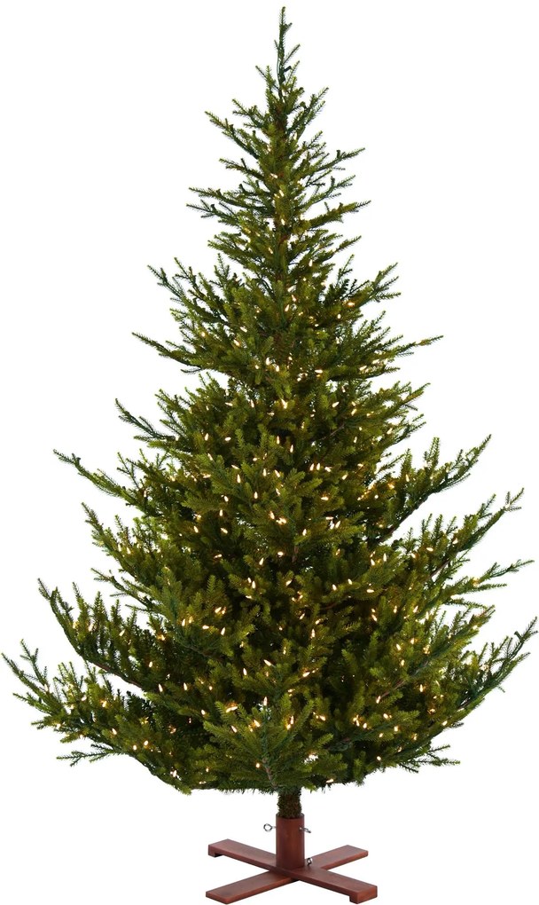 Sami Mountain Spruce Wood verlichte kunstkerstboom - 228 cm - Donkergroen - Diameter 150 cm - 5073 tips - 750 ledlampjes (warm wit) - Houten voet