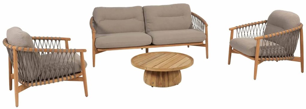 4 Seasons Outdoor Nora loungeset naturel teak met Pablo loungetafel Ø 80 cm SALE Loungeset taupe weerbestendig