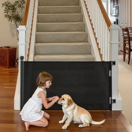VEVOR Intrekbaar babyhekje, hondenhekje, uitschuifbaar tot 143 cm (B) / 795 mm (H), traphekje met veiligheidsslot, gaasveiligheidshekje voor trappen en gangen, binnen/buiten, zwart
