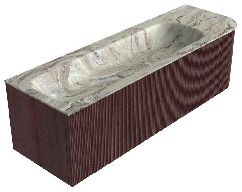 Mondiaz Kurve-dlux 145cm badmeubel ronding rechts ruby met 1 lade en deur en wastafel big large links zonder kraangat glace