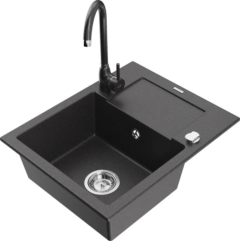 Mexen Enzo granieten keukenafvoer 1-kompartment met afdruiprek en Telma keukenmengkraan, zwart gespikkeld - 6506-76-670200-76