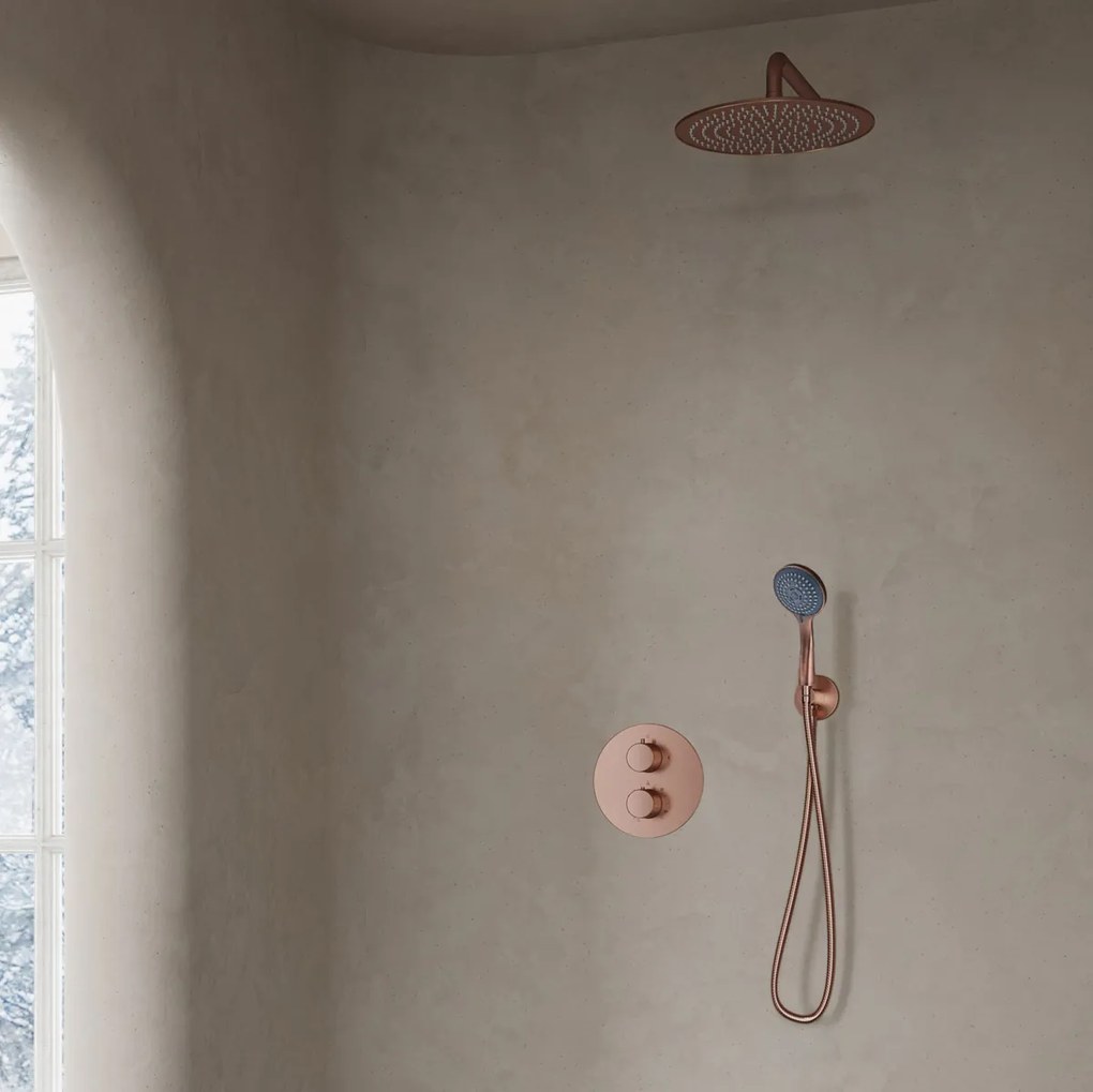 Saniclear Copper inbouwregendouche 20cm rond met wandarm en 3 standen handdouche geborsteld koper