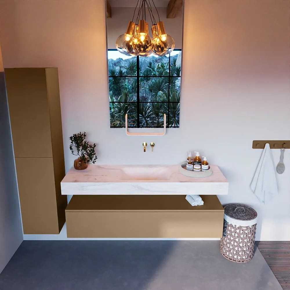 Mondiaz Alan DLux badmeubel 150cm oro 1 lade met wastafel ostra midden zonder kraangat