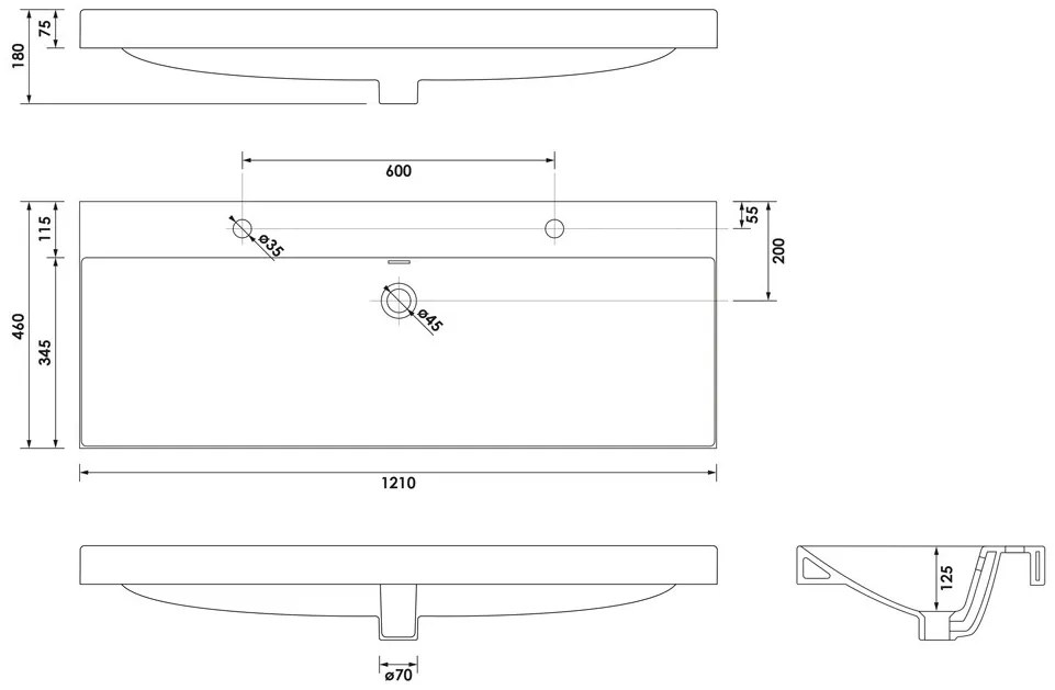 Brauer Aurora wastafel keramiek 120cm met 2 kraangaten wit glans