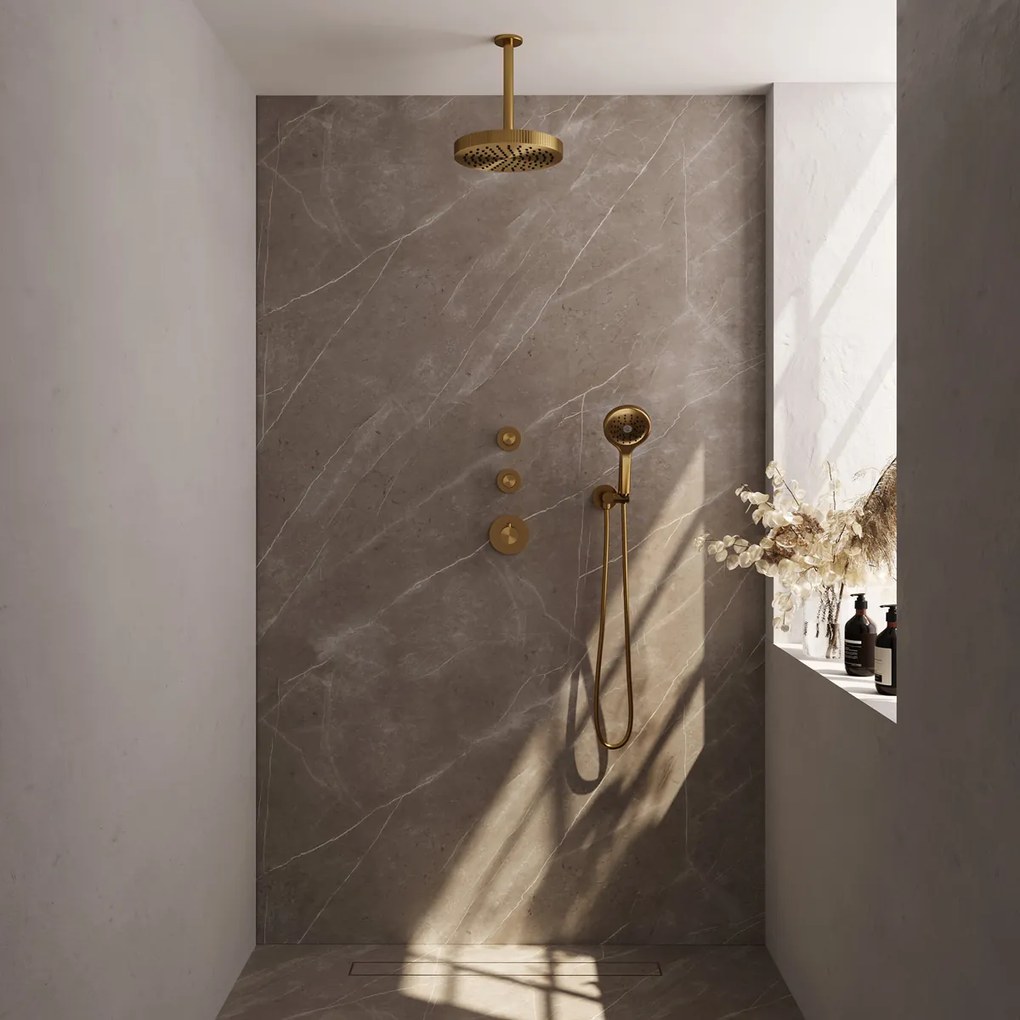 Brauer Stripe inbouw regendouche met 25cm hoofddouche, plafondarm en 3 standen handdouche set 6 messing geborsteld PVD