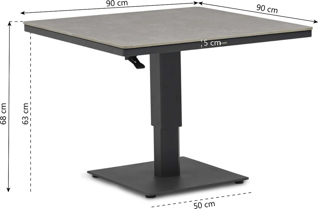 Tuintafel vierkant  90 x 90 cm  Grijs   Tivano in hoogte verstelbare