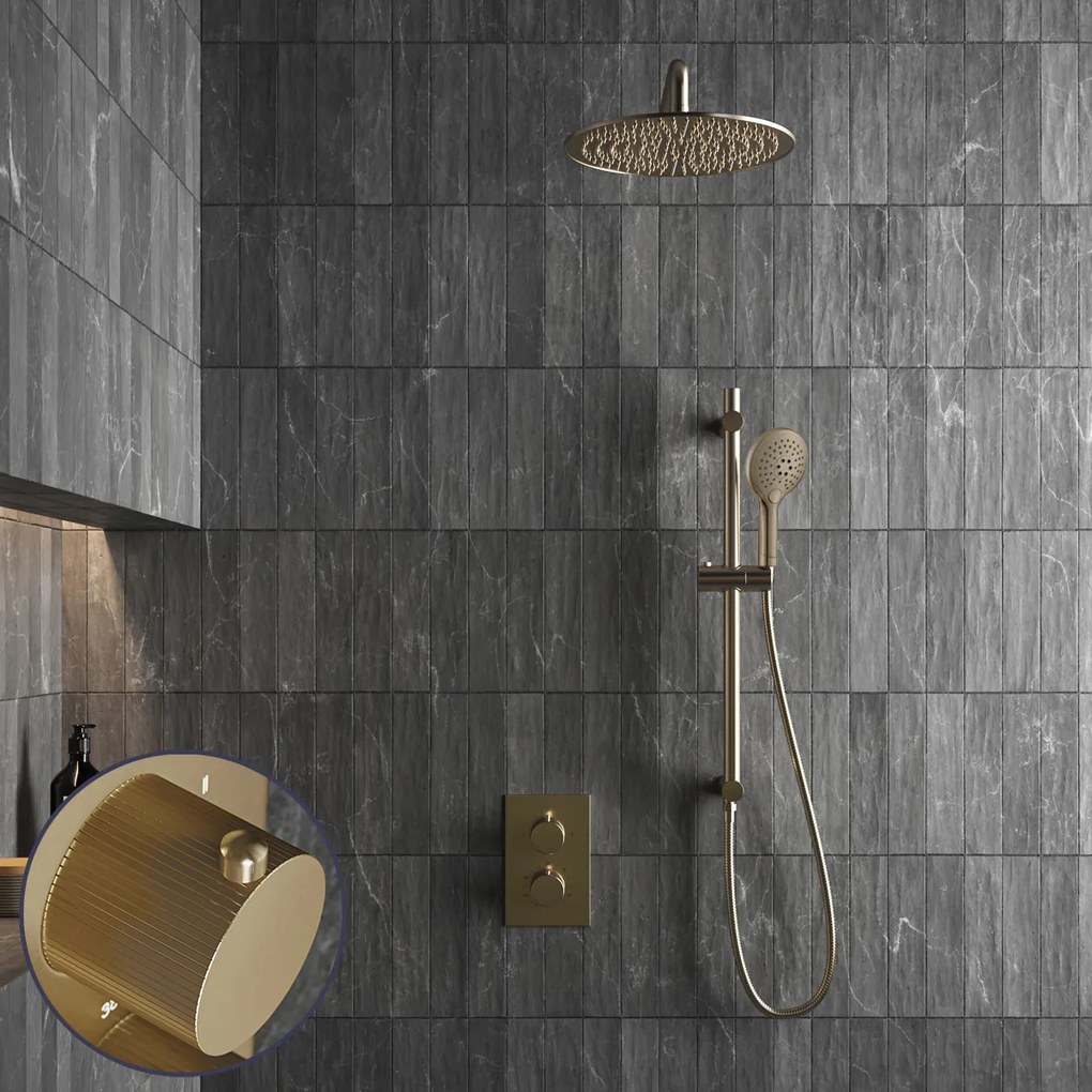 Saniclear Brass Stripes inbouw regendouche met 30cm hoofddouche, muurarm, 2 standen handdouche en glijstang geborsteld messing - mat goud