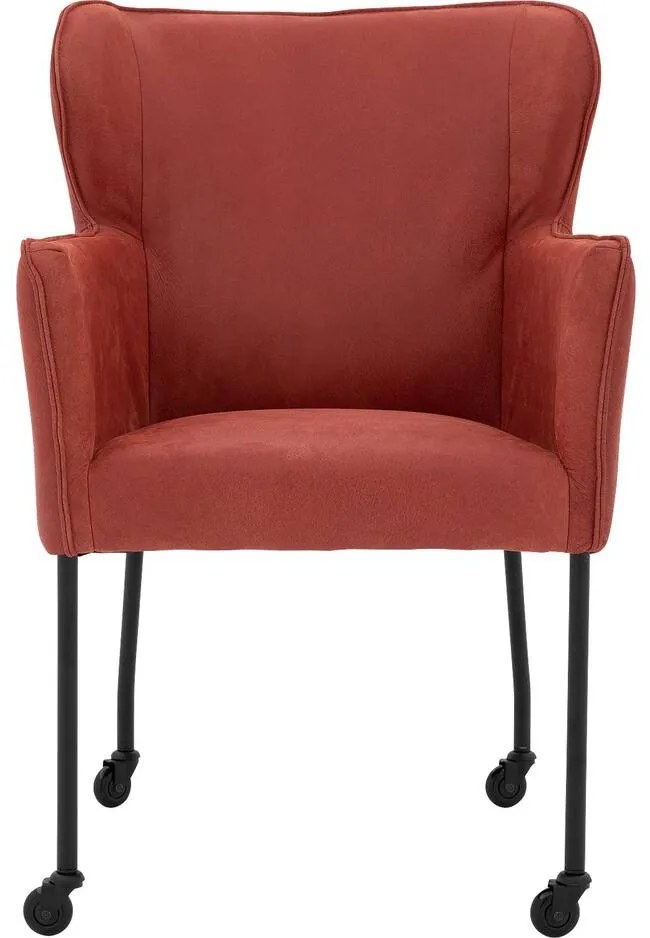 Goossens Excellent Eetkamerstoel Leogang rood leer met armleuning en Zwart skater wiel met zwarte kapmet wielen, elegant chic