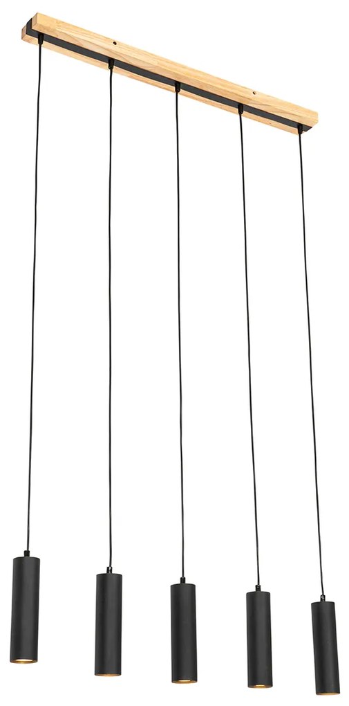 Moderne hanglamp zwart met hout 5-lichts - Jeana