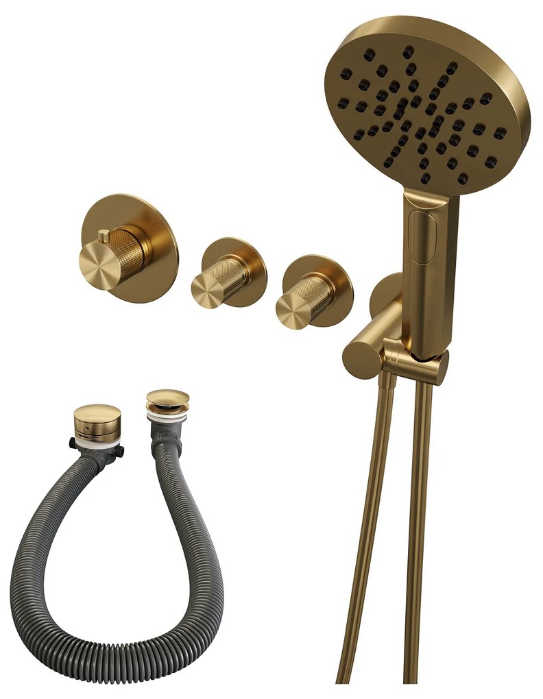 Brauer Gold Carving inbouw badkraan met badvulcombinatie en 3 standen handdouche geborsteld messing PVD