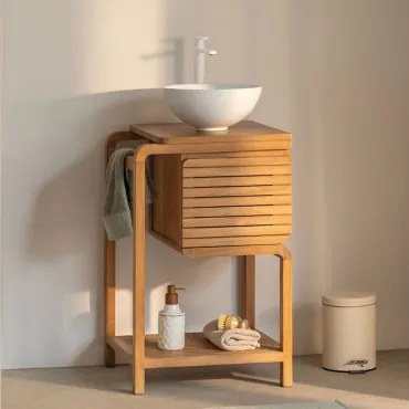 Bradley Teakhouten Badkamermeubelset Spiegelloze & Wit ↑30 Cm Met Aftapkraan Zonder Overloop Alameda & Rond Wit Keramiek Ø30 Cm Calgari & ↔ - Sklum