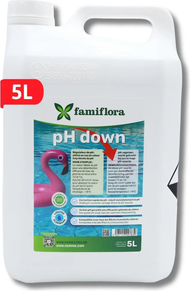 Famiflora pH down vloeibaar 5L - verlaagt de pH-waarde van je zwembad of spa!