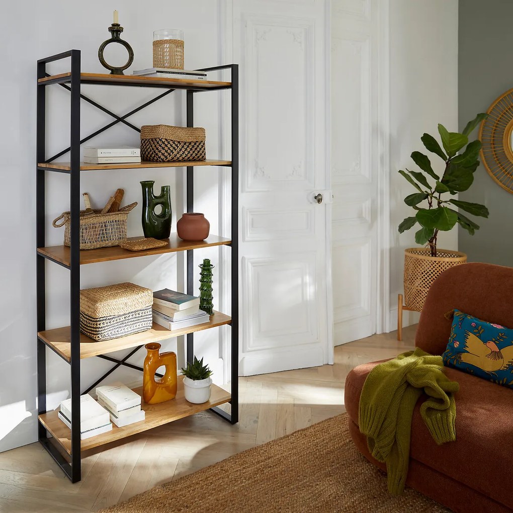 Boekenkast, massief eiken en staalmetaal, HIBA