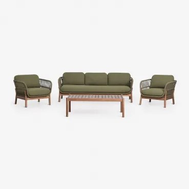 Tuinset Met 3-zitsbank, 2 Fauteuils En Salontafel Van Acaciahout En Gevlochten Karvia-touw Acacia Bruin & Bouclé Saliegroen - Sklum