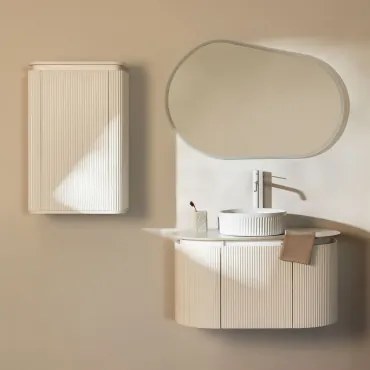 Carsone Houten Badkamermeubelset Wit & Wit & Redondo Cerámica Blanco Rayas Ø36 Cm Sinqua & Ovaal Led En Anticondens 100x80 Cm Meunier - Sklum