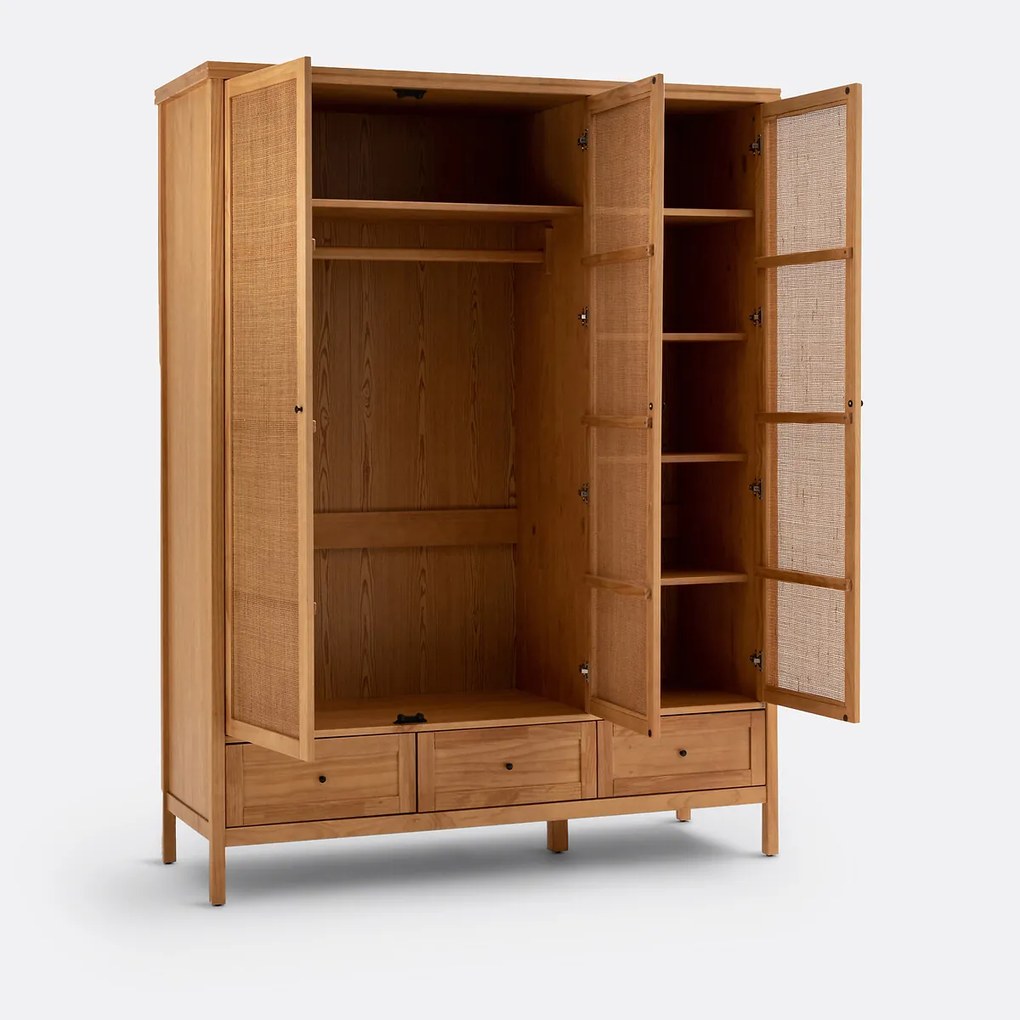 Kast 3 deuren in massief dennen- en riethout, Gabin