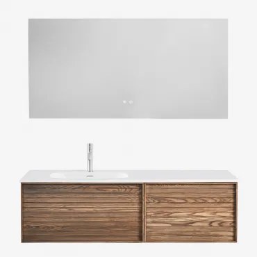 Solea Houten Badkamermeubelset Met Geïntegreerde Wastafel Natuurlijk Hout & Rectangular Led And Antifog 140x75 Cm Riben & Chroom ↑20 - Sklum