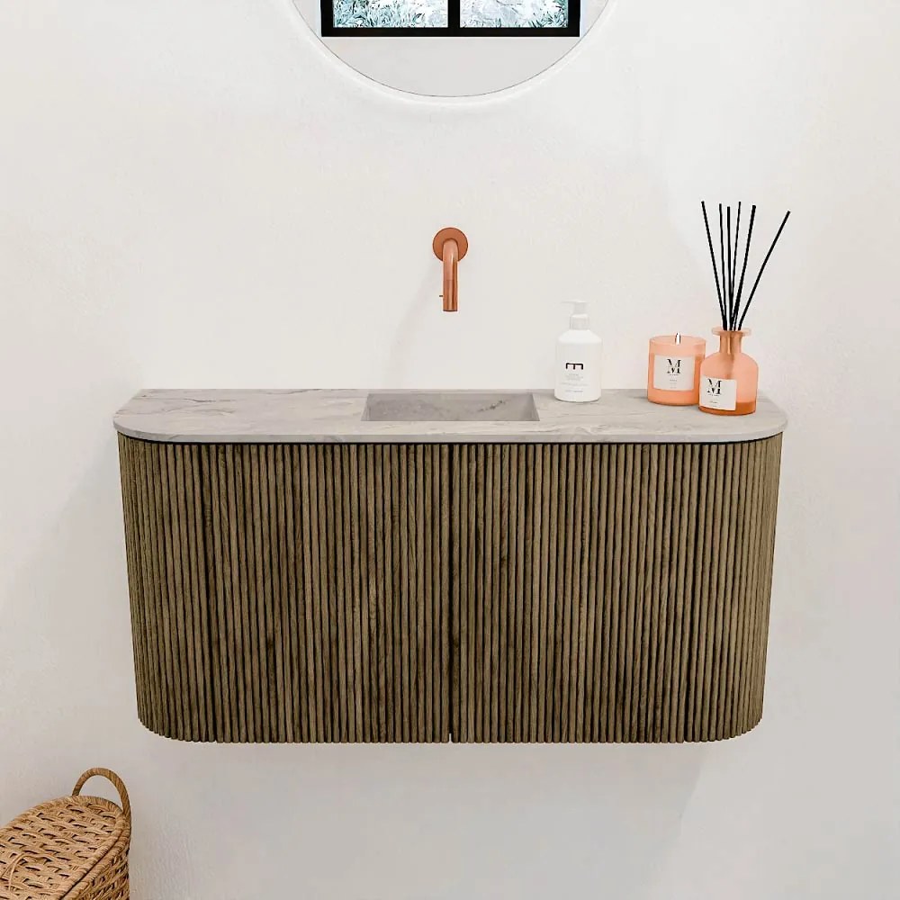 Mondiaz Joya DLux 85cm toiletmeubel ronding links/rechts dusk met wastafel faye midden zonder kraangat glace