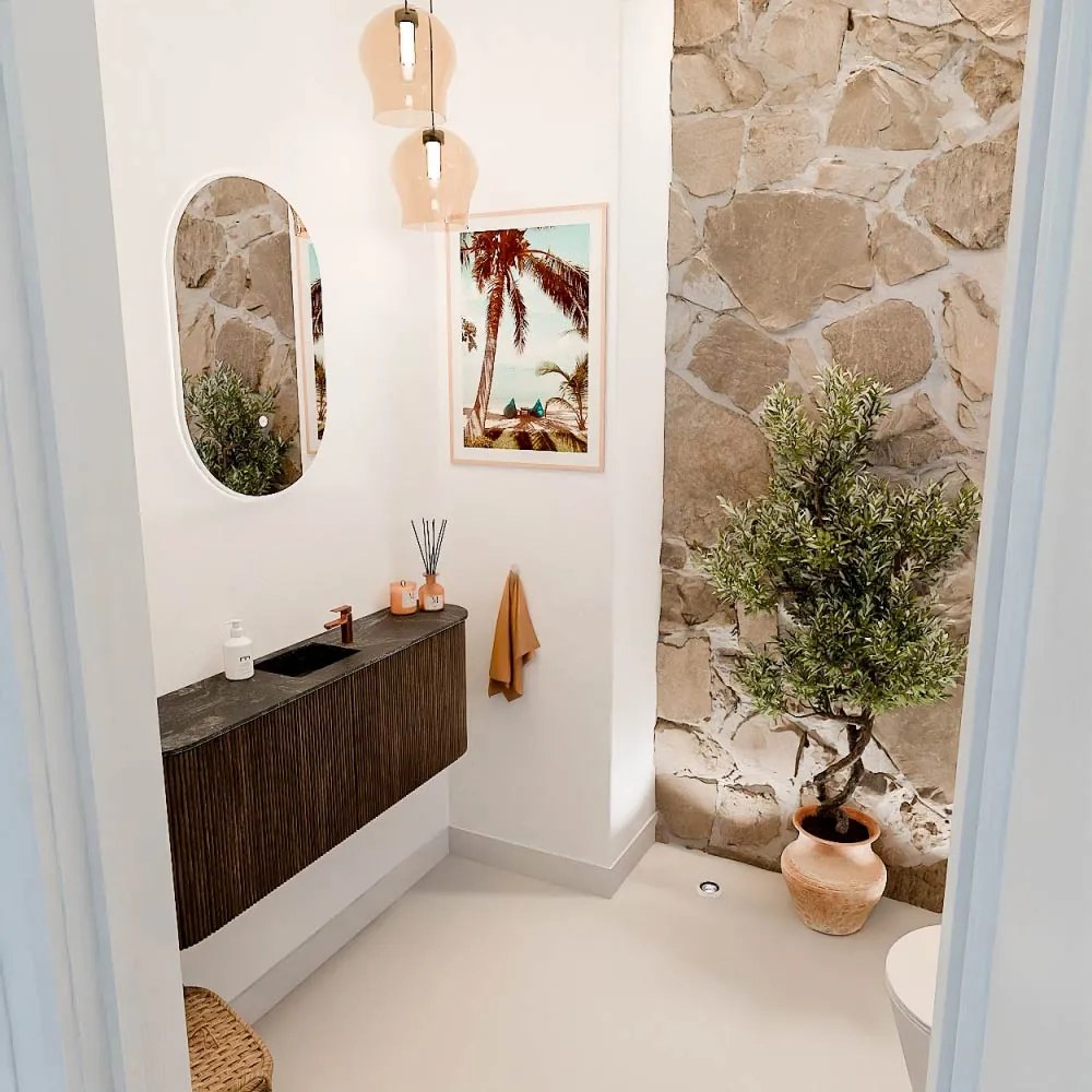 Mondiaz Joya DLux 115cm toiletmeubel ronding links/rechts walnut met wastafel faye midden 1 kraangat lava