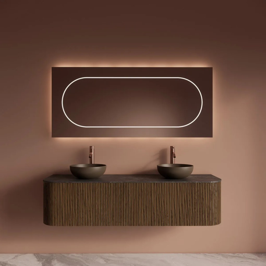 Gliss Design Alluro badmeubel ribbelfront met ronding links/rechts 160cm castle brown en zwart leisteen toppaneel