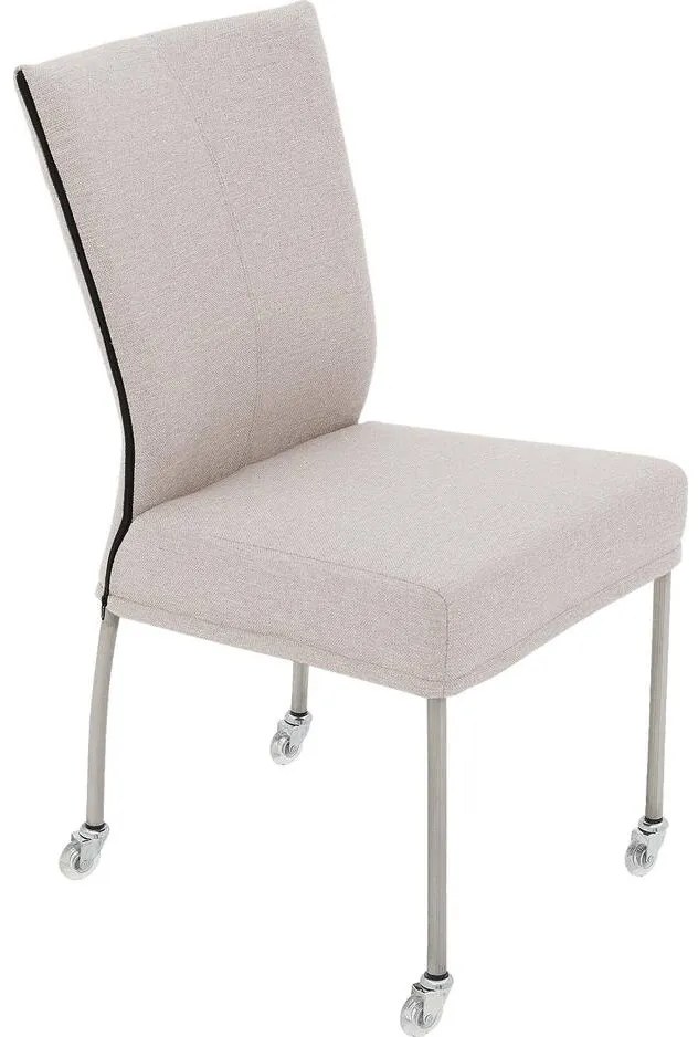 Goossens Eetkamerstoel Funk RVS Poten lichtgrijs stof leuning en Transparant skater wiel met rvs kapmet wielen, modern design