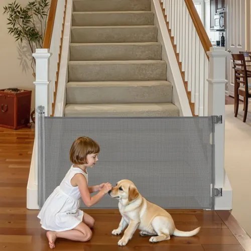 VEVOR Intrekbaar babyhekje, hondenhekje, uitschuifbaar tot 143 cm breed / 795 mm hoog, traphekje met veiligheidsslot, gaasveiligheidshekje voor trappen en gangen, binnen/buiten, grijs